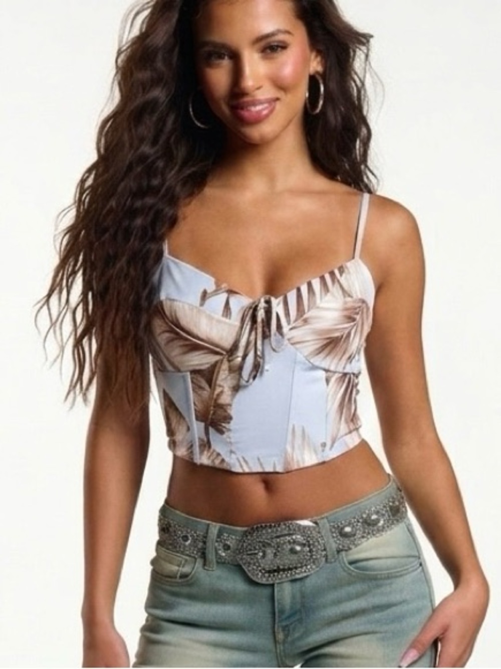 Windsor Y2K Tropical Leaf Print Tie-Front Crop Top Size M